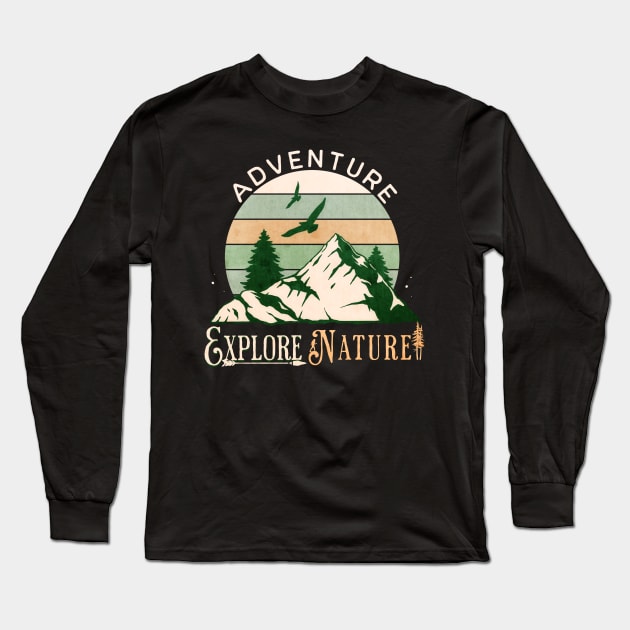 Adventure Explore Nature Deep Wood Retro Sunset Long Sleeve T-Shirt by mythikcreationz